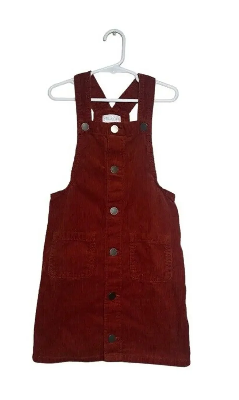 Children’s Place Girl's Burnt Orange Corduroy Overall Button Down Dress 6x/7 - Picture 1 of 6